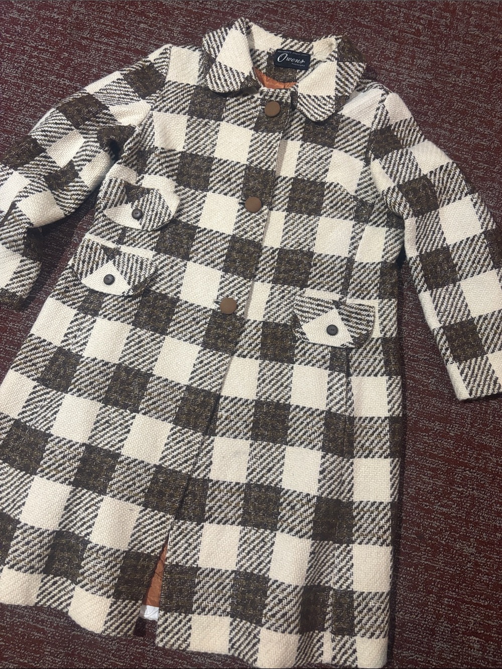 Brown cream plaid vintage long wool coat textured button front fall/ winter coat